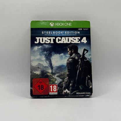 Steelbook-Verpackung des Xbox-One-Spiels Just Cause 4, ein Open-World-Actionspiel, in dem Spieler als Rico Rodriguez mit Gadgets, Fahrzeugen und spektakulären Explosionen eine riesige Spielwelt erkunden.
