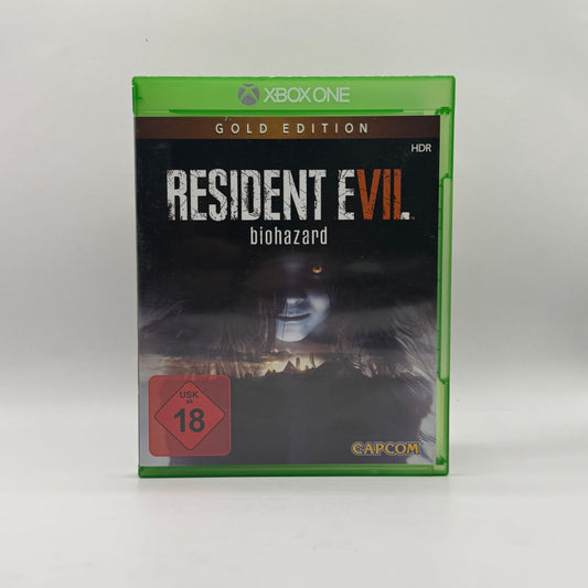 Verpackung des Xbox-One-Spiels Resident Evil 7: biohazard, ein Survival-Horror-Spiel aus der Ego-Perspektive, in dem Spieler ein verlassenes Anwesen erkunden und ums Überleben kämpfen.