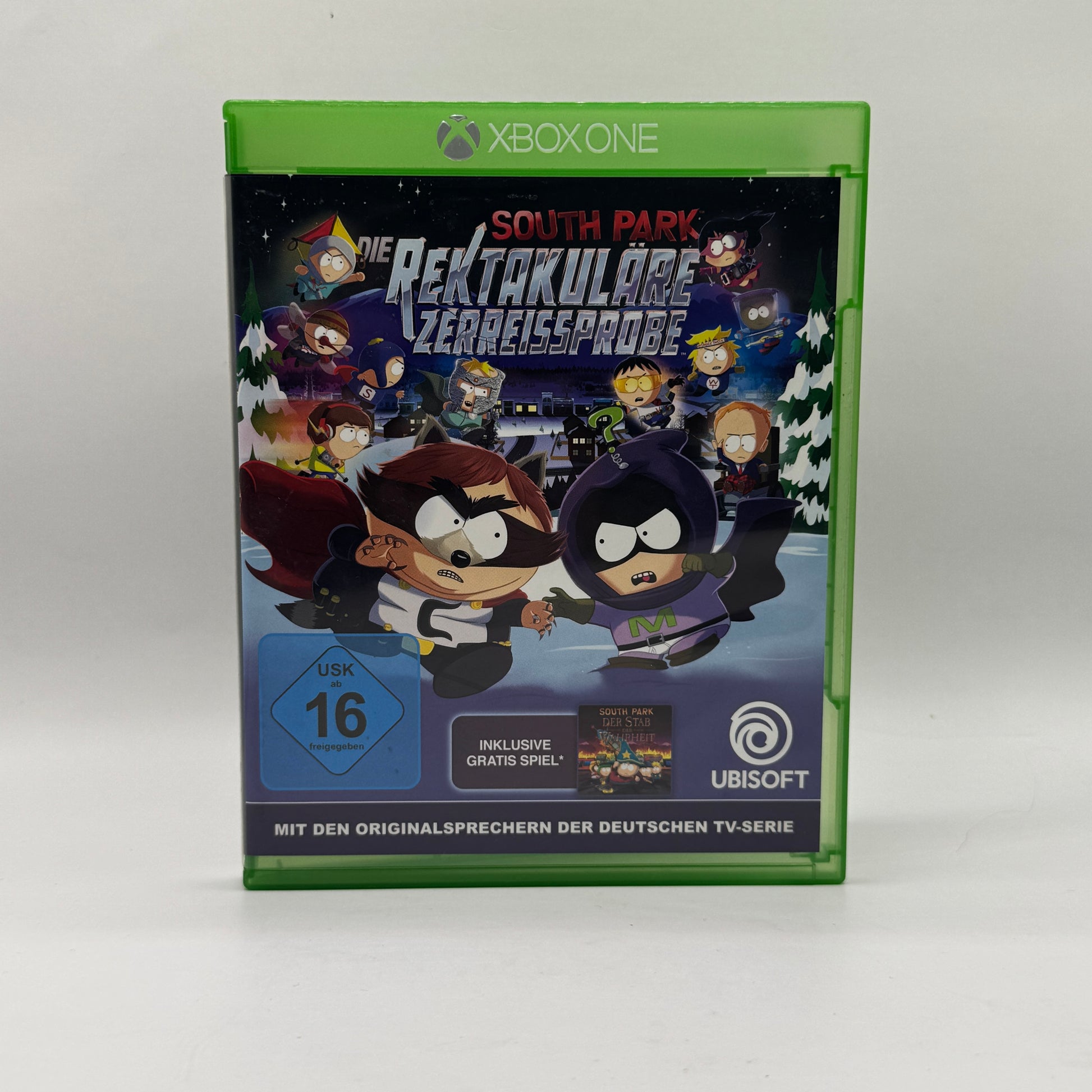 Verpackung des Xbox-One-Spiels South Park: Die rektakuläre Zerreißprobe, ein Rollenspiel mit typischem South-Park-Humor, in dem Spieler eine Superhelden-Geschichte mit rundenbasierten Kämpfen erleben.